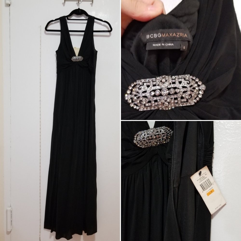 BCBG black formal gown silver clip  nwt